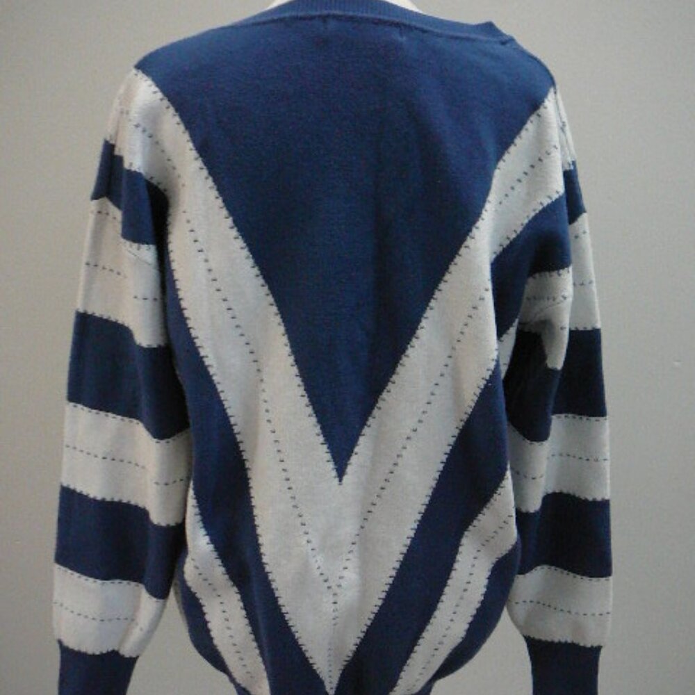 Misslook VNeck Long Sleeve Navy Blue & White Pullover Sweater Ribbed Trim-Size M - Picture 3 of 4
